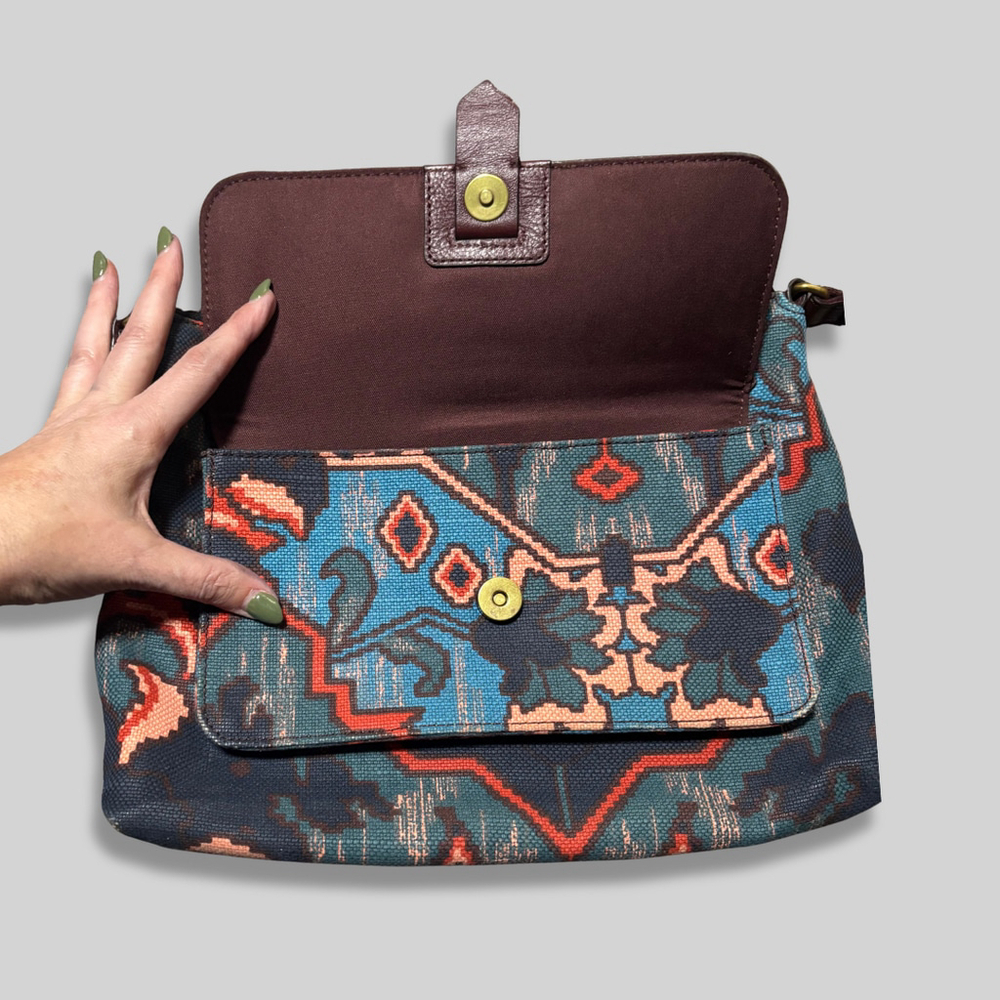 Fossil Kinley Crossbody Bag Boho Print Canvas Leather Multi Textile Burgundy OS - Picture 2 of 16